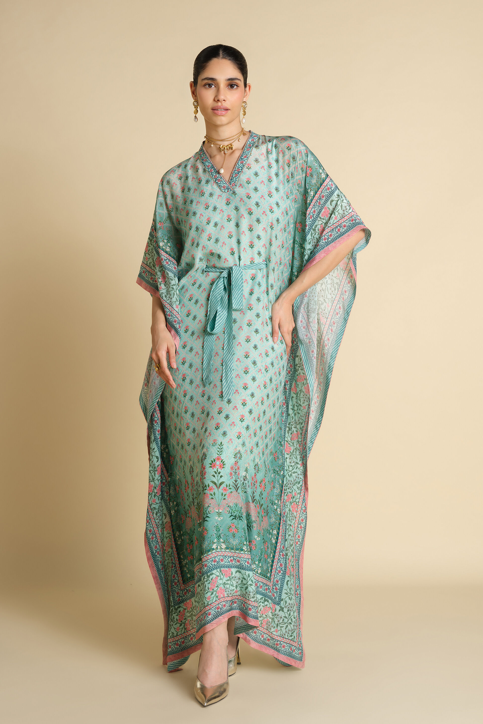 Kirsi Printed Kaftan - Aqua, Aqua, image 1